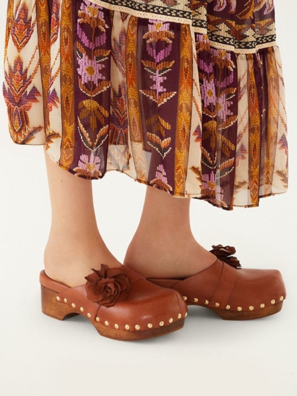 FARM Rio Brown Tan Leather Flower Clog Size US 7 - Brand new in box!